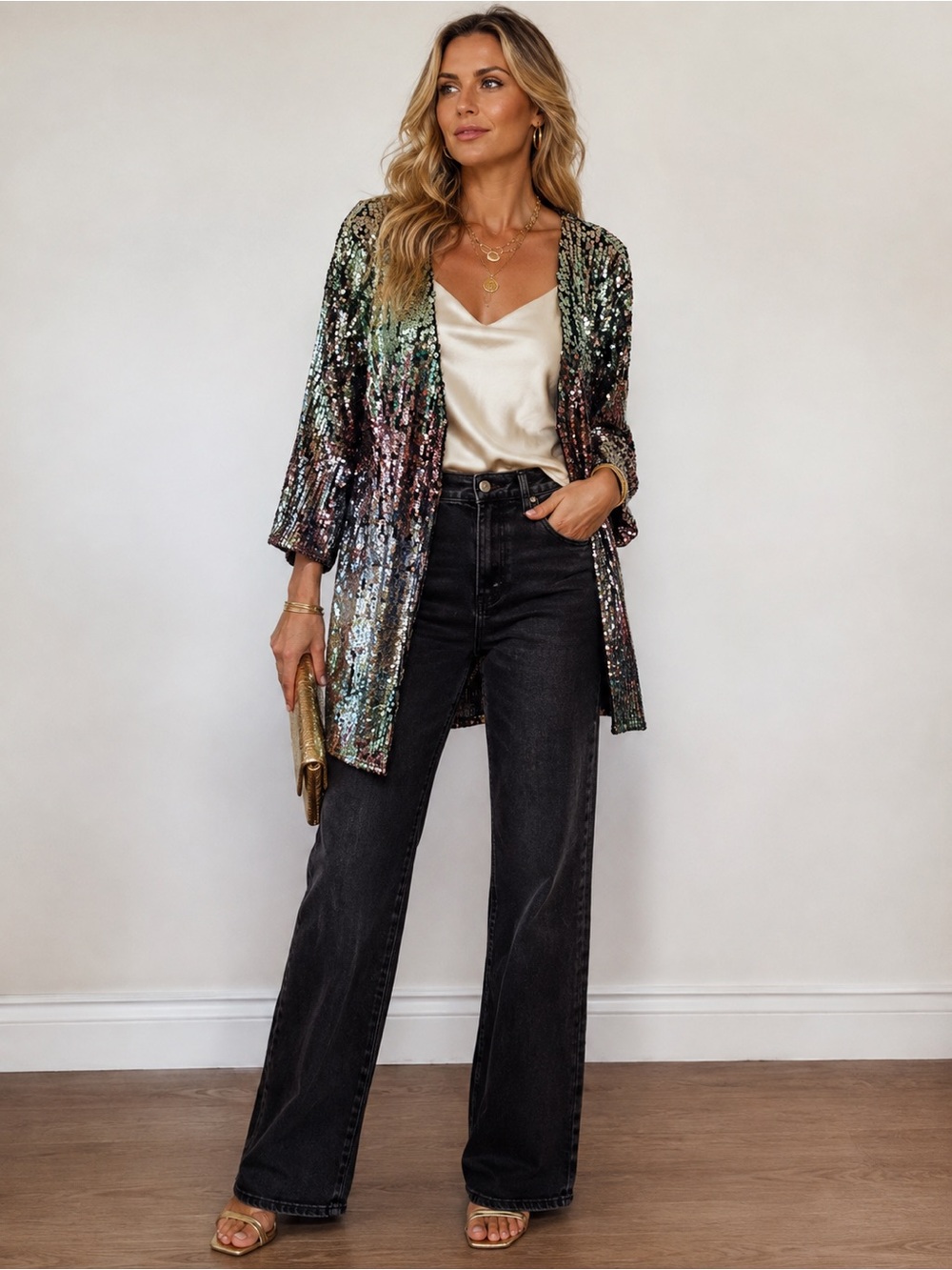 XXL Iridescent Sequin Duster Jacket Multicolor Longline Party Glam